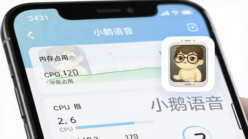一张手机性能监控界面的图片,显示“小鹅语音”App运行时的内存占用和CPU占用数据,数值较低,旁边有手机图标和“小鹅语音”文字,风格科技感,画质清晰,无多余元素