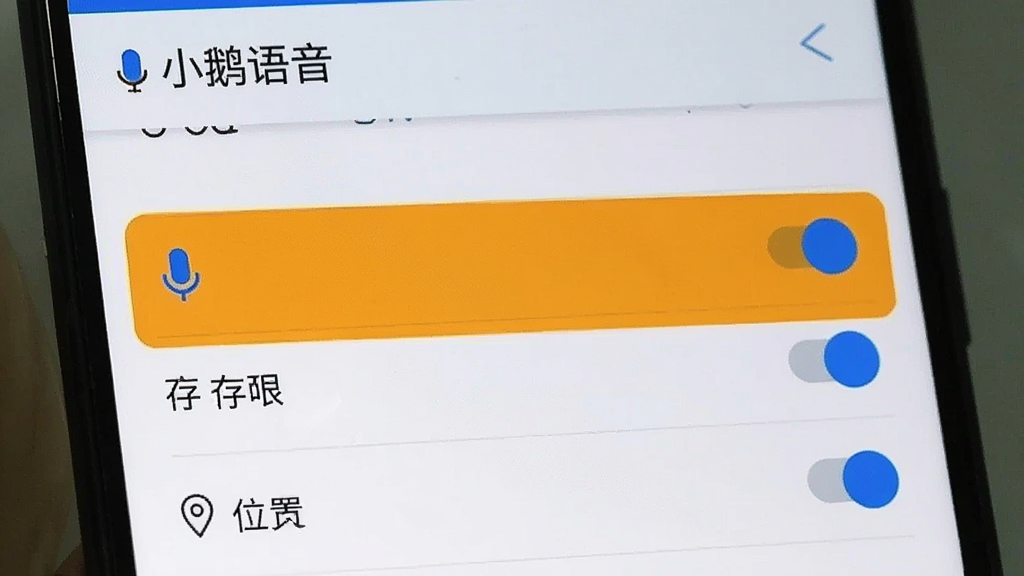 一张手机屏幕展示“小鹅语音”权限设置界面的图片,界面中显示麦克风、存储、位置等权限开关,其中麦克风权限被高亮标注,背景是安卓系统设置页面风格,画质干净无多余元素