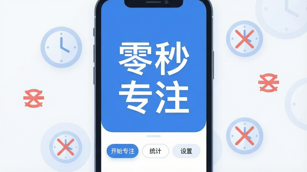 一张扁平化风格的应用界面展示图,画面中央是手机屏幕,屏幕上显示着“零秒专注”四个大字,背景是极简的蓝白配色,屏幕下方有几个圆角矩形的按钮,分别写着“开始专注”、“统计”、“设置”,手机周围漂浮着几个半透明的时钟图标和屏蔽符号,整体布局干净整洁,风格现代清爽,细节圆润,画质清晰无多余元素