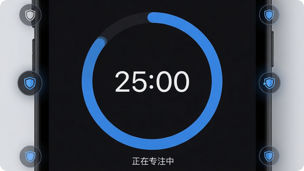 一张手机屏幕截图风格的图片,画面显示“零秒专注”的专注进行中界面,中央是一个巨大的蓝色圆环进度条,圆环中间显示剩余时间“25:00”,背景是深色模式,圆环下方有一行小字“正在专注中”,屏幕边缘有微微发光的屏蔽图标,整体风格极简、科技感,画质干净无多余元素