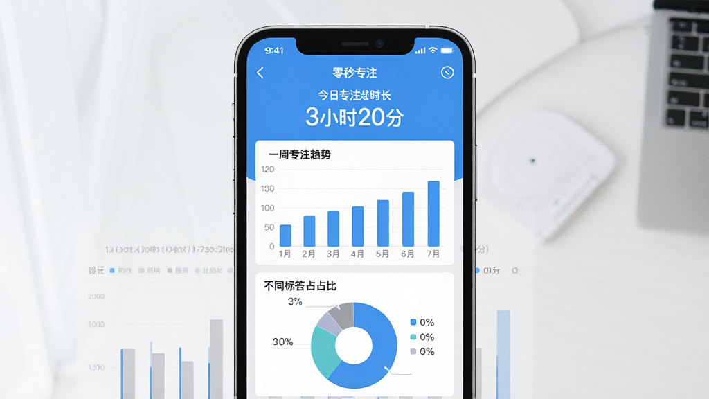 一张数据统计图表的展示图,画面主体是手机屏幕,屏幕内显示着“零秒专注”的统计页面,上方是今日专注总时长“3小时20分”,中间是柱状图显示一周的专注趋势,下方是不同标签的占比饼图,配色以蓝白灰为主,风格简洁明快,画质清晰,无多余装饰元素
