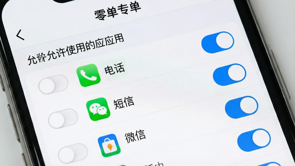 一张手机界面示意图,画面展示“零秒专注”的白名单设置页面,屏幕中央是一个列表,列表项前面有开关按钮,上方标题写着“允许使用的应用”,列表中有“电话”、“短信”、“微信”等图标,开关呈现蓝色开启状态,背景是浅灰色,风格干净整洁,画质清晰无杂乱元素