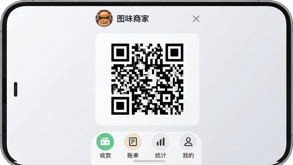 一张手机应用主界面截图,画面中央是“图味商家”的收款码展示页,上方有店铺头像和名称“图味商家”,中间是巨大的二维码区域,下方排列着“收款”“账单”“统计”“我的”四个圆形图标按钮,背景是干净的浅灰色渐变,风格现代扁平,细节圆润,画质清晰,无多余元素