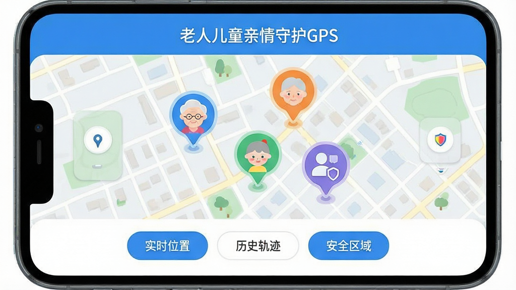 ���˶�ͯ�����ػ�GPS����������ȫòչʾ���ֻ���Ļ������ʾһ�ų��е�ͼ����ͼ����������ɫ��λͷ��ֱ�������ˡ���ͯ���û��Լ�����Ļ�Ϸ����������ơ����˶�ͯ�����ػ�GPS�������֣��·��С�ʵʱλ�á�����ʷ�켣������ȫ�����������ܰ�ť�����岼�ּ��������������ɫ��񣬱�ƽ����ƣ����ʸɾ��޶���Ԫ�أ�ϸ��Բ���ʺ�Ӧ���̵�չʾͼ