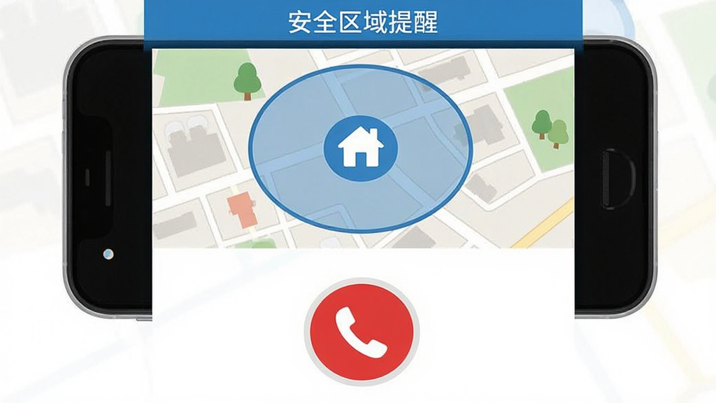 ���˶�ͯ�����ػ�GPS��ȫ������һ����������չʾͼ���ֻ���Ļ�ϰ벿����ʾ��ͼ����һ����ɫԲȦ������ȫ����Χ��ԲȦ�����з���ͼ�꣬�°벿����ʾһ����ɫԲ��������ť����ť���е绰ͼ�꣬��Ļ�����С���ȫ�������ѡ����֣������������ˣ����׺���ɫ����ƽ����ƣ����ʸɾ��޶���Ԫ��