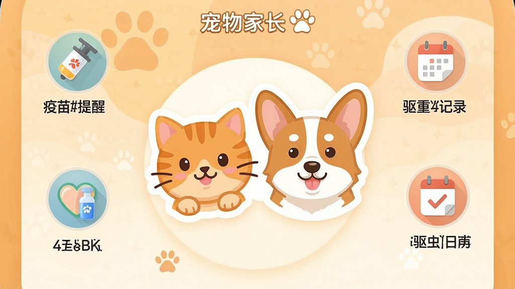 һ���ֻ�Ӧ�ý����ͼ��չʾ����ҳ�App����ҳ������������һֻ�ɰ�����è��һֻ�»�Ȯ�Ŀ�ͨͷ����Χ�������������ѡ����ؼ�¼������������ͼ�꣬��������ܰ��ůɫ������������������ִ���ƽ�����ֱ�ǩ��ȷ�����ʸɾ��޶���Ԫ�أ�ͼƬ�д��С�����ҳ�������