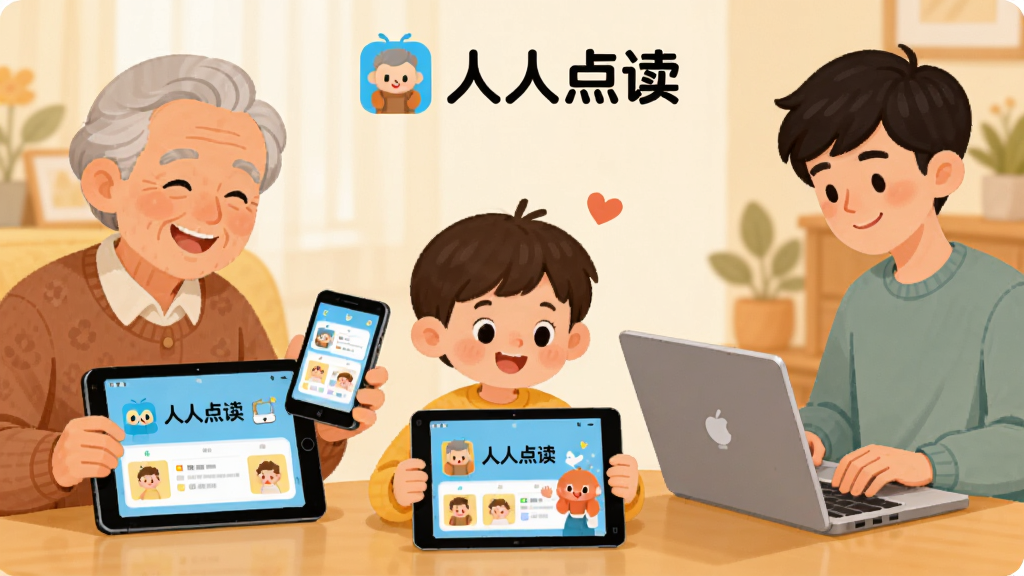 AI��ͼ��ʾ�ʡ����壺һ����ܰ�ļ�ͥ���������������һλ���������ֻ�΢Ц�������м���һ��С����ָ��ƽ����ԣ������Ҳ���һλ�������ڱʼǱ�����ǰ���������֣����˳����������У�ÿ������ǰ������ʾ�����˵����������豸���Ű棺�Ϸ��С����˵����Logo�������ܰ��ͥ�廭�磬ůɫ����ϸ�ڣ��豸��Ļ��������������������á����ʣ����壬�ɾ����޶���Ԫ�ء�