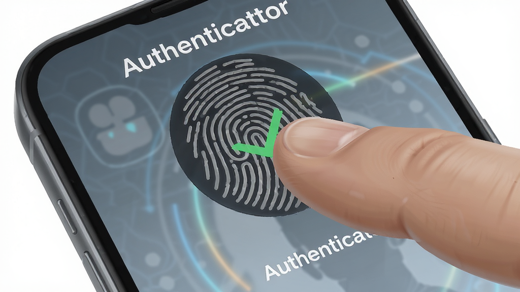 一张展示Authenticator生物识别功能的详细插画,主体是用户手指按压手机指纹识别区域的近景特写,屏幕上显示解锁成功的动画,布局以手机为中心,排版突出交互瞬间,风格是写实科技风,细节上指纹纹理清晰,屏幕有绿色对勾和