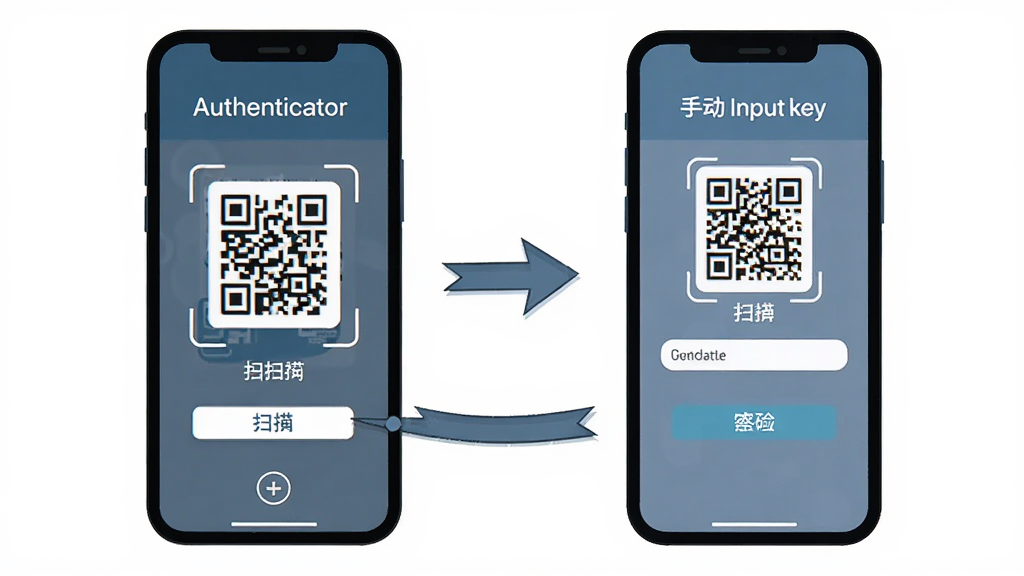 一张展示Authenticator使用流程的详细插画,主体是手机屏幕显示扫码添加账户的界面,布局分为扫描二维码和手动输入密钥两个区域,排版清晰,风格是扁平化教程风,细节上有箭头指示操作步骤,屏幕中有