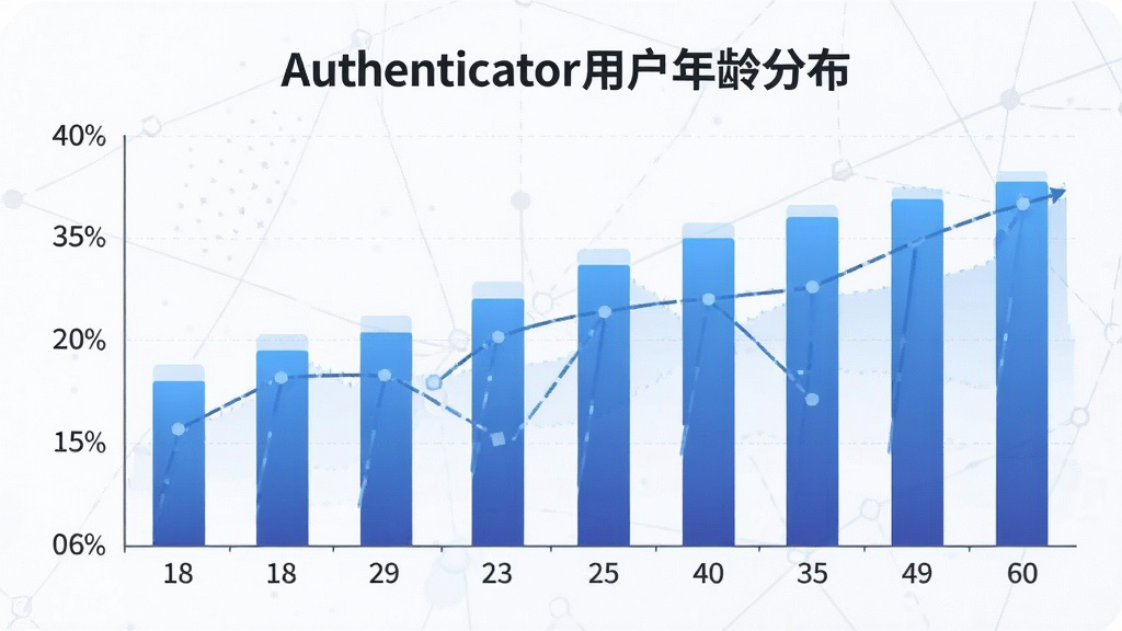 一张展示Authenticator用户年龄分布的柱状图插画,主体是清晰的柱状图,布局横轴为年龄段18-60岁,纵轴为人数占比,排版简洁,风格是数据可视化商务风,细节上柱子颜色为蓝色渐变,图表标题为
