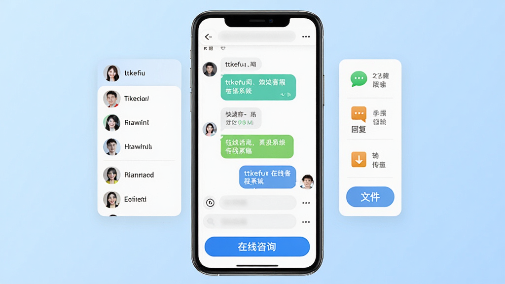 ttkefu网站在线客服系统主界面展示,手机屏幕中央是清爽的聊天对话窗口,左侧悬浮着访客列表头像,右侧排列着快捷回复图标和文件传输按钮,背景是浅蓝色渐变,底部有醒目的“在线咨询”按钮,整体风格简洁商务,画质干净无多余元素