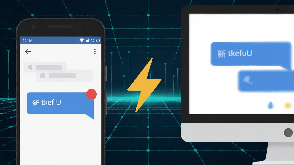 ttkefu网站在线客服系统多端同步示意图,画面左侧是安卓手机显示新消息红点,右侧是电脑屏幕同步弹出对话气泡,中间用闪电符号连接表示实时同步,背景是科技感网格线条,风格扁平化,画质清晰