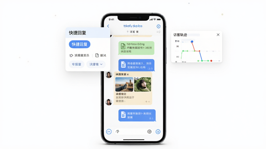 ttkefu网站在线客服系统功能展示图,画面中央是手机屏幕显示聊天界面,气泡里包含图片缩略图和文档图标,上方悬浮着“快捷回复”面板和“访客轨迹”小窗口,背景为干净的白色,风格现代简约,画质锐利