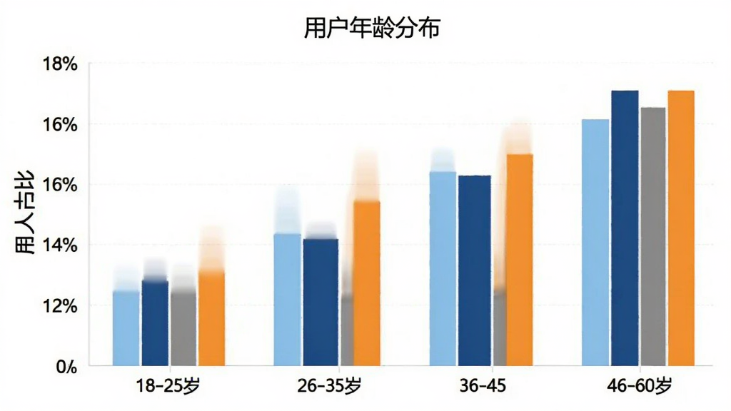 ttkefu网站在线客服系统用户年龄分布柱状图,横轴标注年龄段18-25岁、26-35岁、36-45岁、46-60岁,纵轴标注人数占比百分比,柱子颜色分别为浅蓝、深蓝、灰色、橙色,图表标题为“用户年龄分布”,背景白色,风格简洁数据可视化,画质清晰