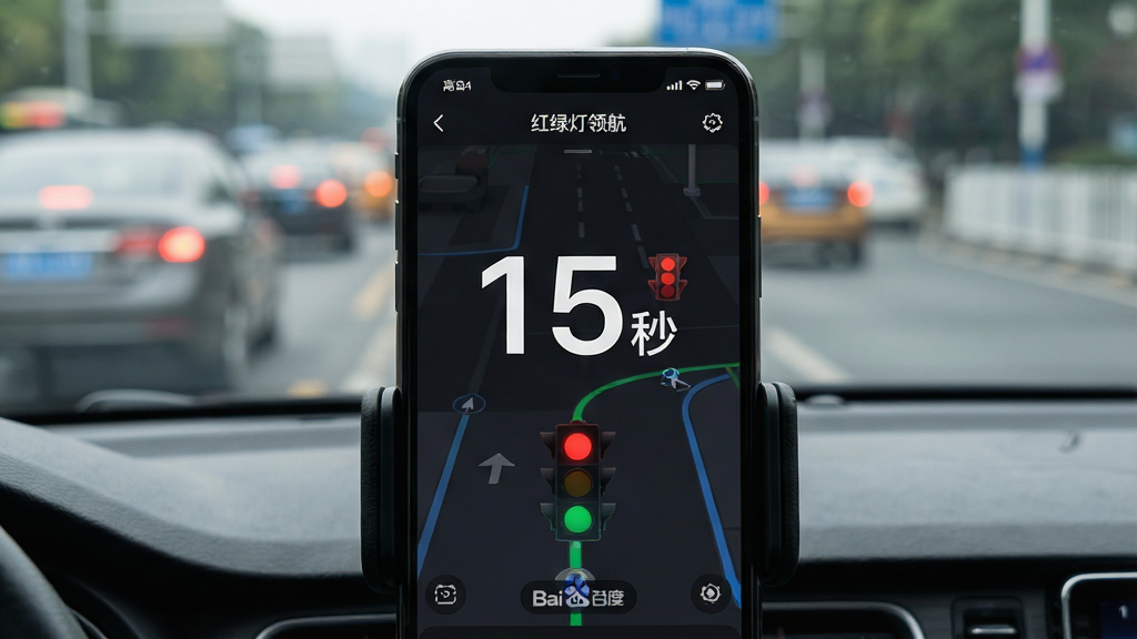 一张“红绿灯领航”应用在行车过程中显示前方路口红绿灯倒计时的特写图片,画面主体是手机屏幕悬浮在车载支架上,屏幕中央有一个巨大的数字倒计时“15秒”和红绿灯图标。布局是手机屏幕占据画面中心,排版清晰直观,风格为高德/百度地图类似的深色导航模式,细节上背景是模糊的车流和路面,画质高清,干净,无多余元素。