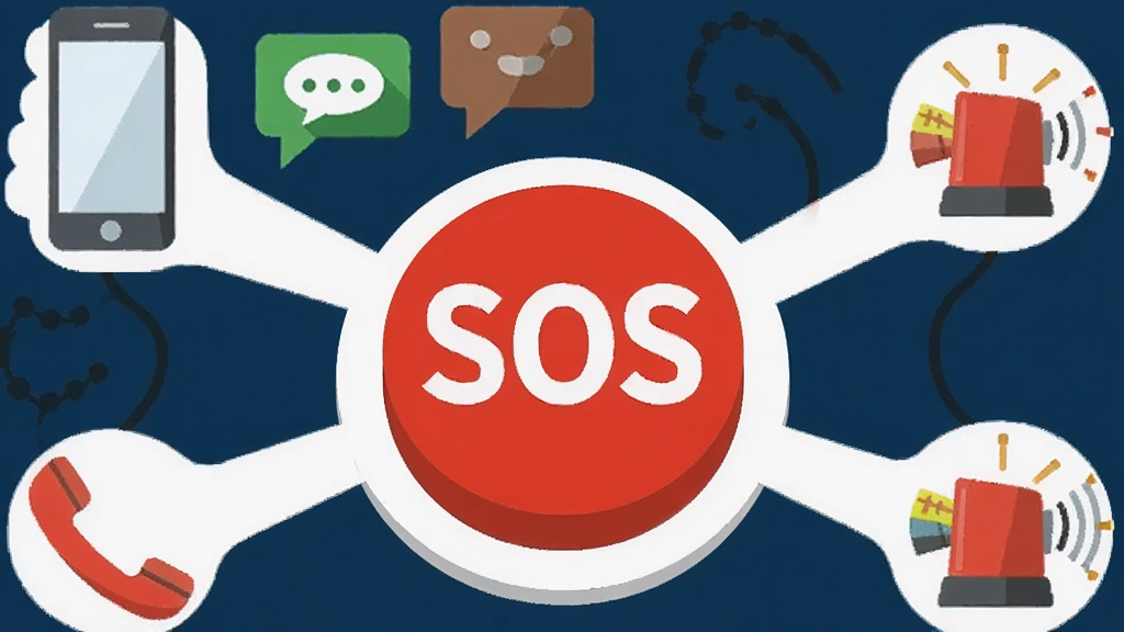 һ�ű�ƽ�����廭������������һ���޴�ĺ�ɫԲ�ΰ�ť������д�š�SOS������ť��Χ�������ֻ�������ͼ�ꡢ�绰��Ͳ�;������ȵ�ͼ�꣬һ�������켣�Ӱ�ť���ӵ���Щͼ���ϣ�����һ������������������������������ɫ�����ʸɾ�������࣬�޶���Ԫ��
