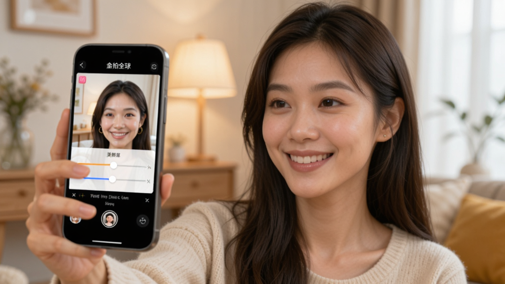 一张展示“金拍全球”App美颜功能的图片,画面中一位年轻女性拿着手机自拍,手机屏幕上显示美颜调节滑块,背景是温馨的室内环境,风格自然真实,画质细腻,无多余元素