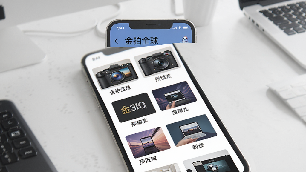 一张展示“金拍全球”App预设功能的图片,画面中手机屏幕显示多个风格预设缩略图,每个缩略图下方有名称标签,背景是简洁的桌面,风格现代扁平,画质干净,无多余元素