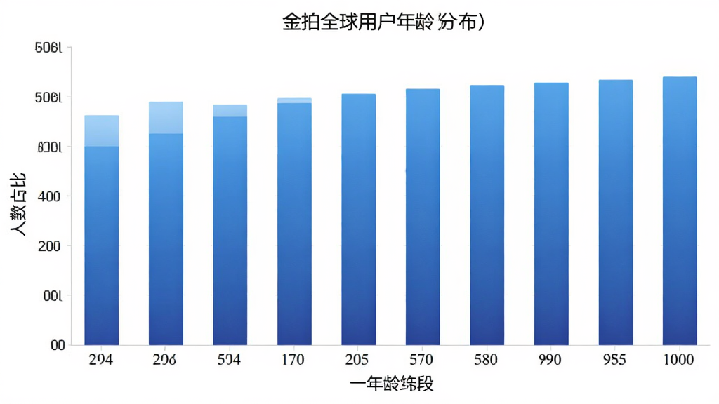 一张柱状图,展示“金拍全球”用户年龄分布,横轴为年龄段,纵轴为人数占比,柱状图颜色为蓝色渐变,背景简洁,画质清晰,无多余元素
