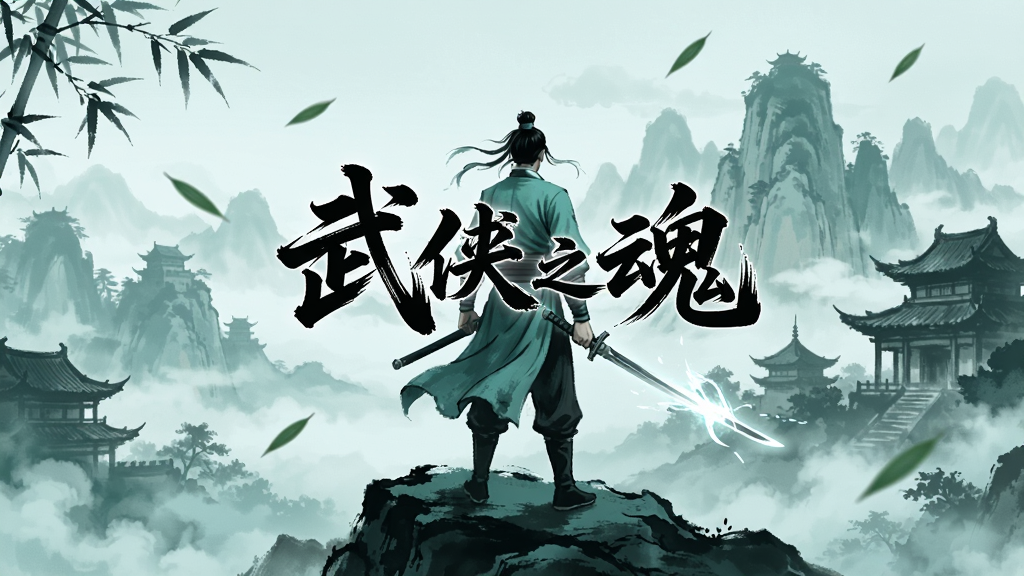 武侠之魂 游戏主界面 一位身穿青衫的侠客站在山巅 远处是云雾缭绕的群山和古风建筑 画面中央是武侠之魂的游戏logo 整体风格为水墨武侠风 色彩以青绿和墨色为主 细节包括飘落的竹叶和剑光特效 画质清晰 干净 无多余元素