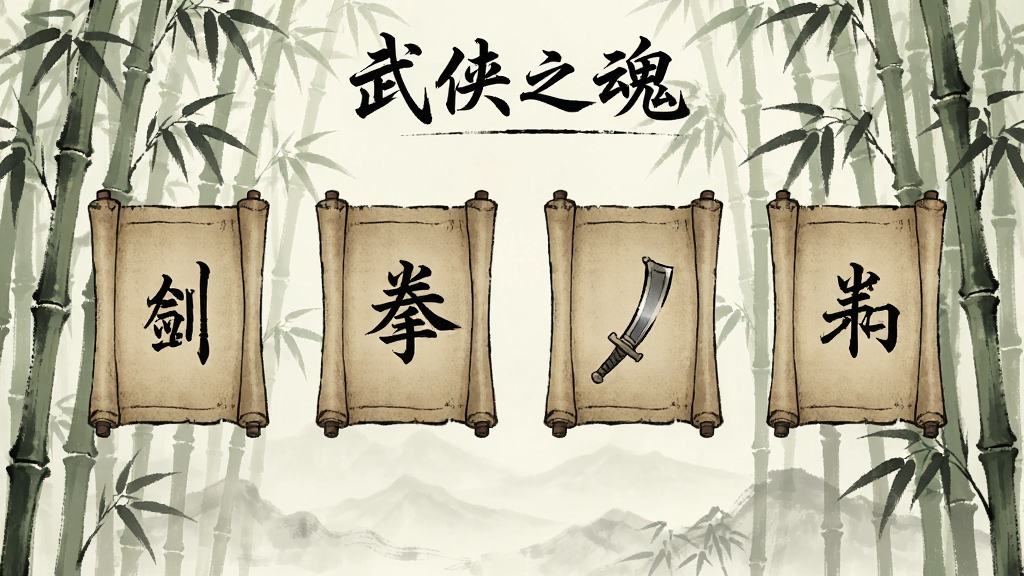 武侠之魂 武学界面 屏幕上展示着多种武功秘籍图标 包括剑法 拳法 刀法 内功 每个图标都有古朴的卷轴样式 背景为竹林 画面中有武侠之魂的文字标识 风格为手绘武侠风 色彩古朴 画质干净 无多余元素
