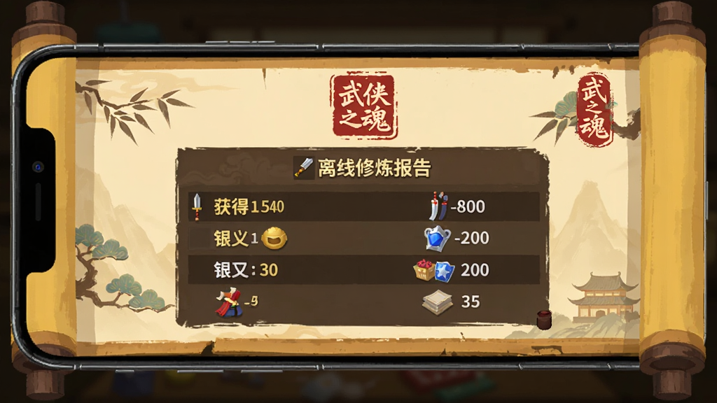 武侠之魂 离线收益界面 手机屏幕显示离线修炼报告 包含获得修为 银两 物品等数据 背景为古风卷轴展开的样式 画面中有武侠之魂的印章标识 风格为扁平化中国风 色彩以暖黄色和棕色为主 画质清晰 无多余元素
