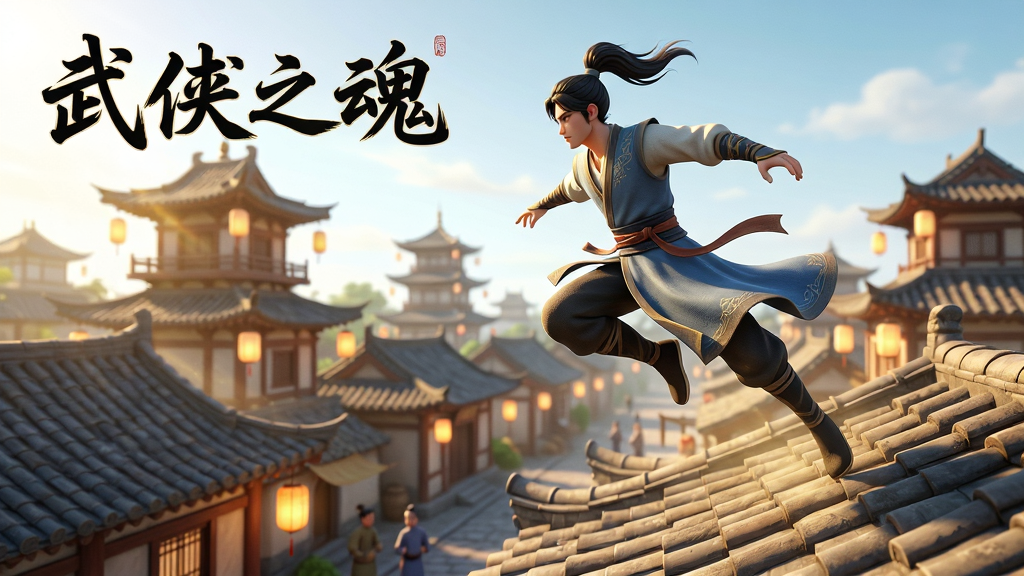 武侠之魂 轻功场景 一位侠客正在使用轻功飞跃屋顶 脚下是古代城镇的瓦片屋顶 远处有楼阁和灯笼 画面中有武侠之魂的文字标识 风格为3D渲染武侠风 色彩明亮 细节包括衣袂飘飘和光影效果 画质清晰 无多余元素