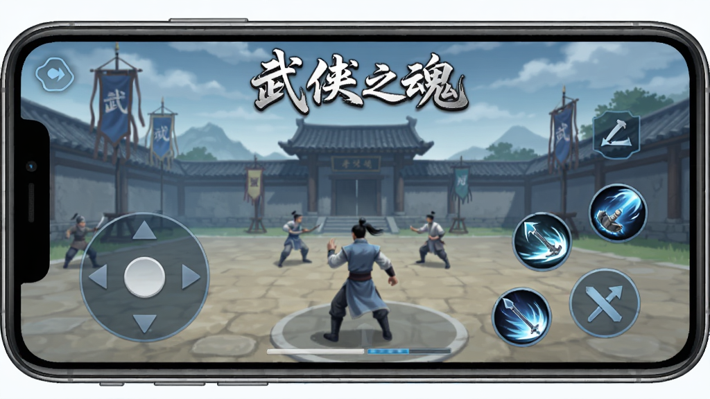 武侠之魂 新手引导界面 手机屏幕显示游戏操作教程 包含虚拟摇杆和技能按钮 背景为古代演武场 画面中有武侠之魂的文字标识 风格为简洁明了的UI设计 色彩以蓝色和灰色为主 画质清晰 无多余元素