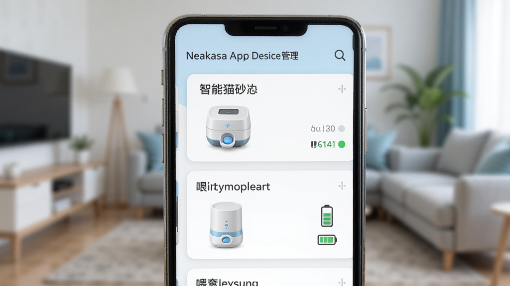 һ��չʾNeakasa App�豸�����������дͼ�������������ֻ���Ļ����Ļ����ʾ�������ӵ�����èɰ���ιʳ���Ŀ�Ƭʽ�б���ÿ����Ƭ�����豸���ơ�����״̬�͵���ͼ�꣬������ģ���Ŀ��������������Ƽ��У�ɫ���԰�ɫ��ǳ��ɫΪ����ϸ�����������ʸɾ����޶���Ԫ��