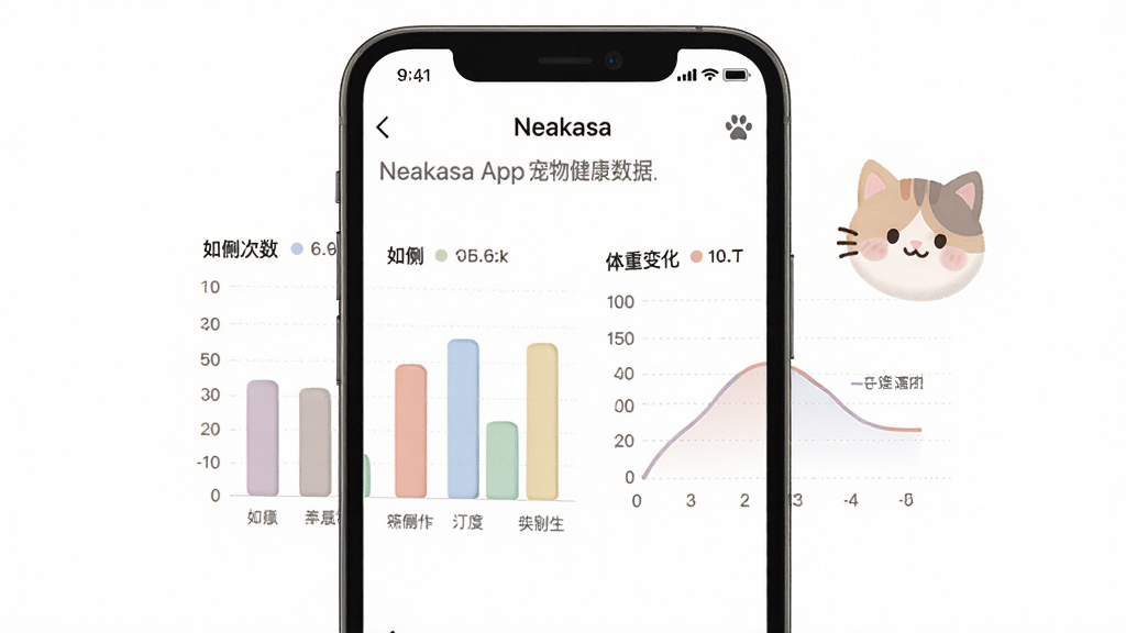 һ��չʾNeakasa App���｡������ͳ��ҳ���ʾ��ͼ�������������ֻ���Ļ����Ļ����ʾ��һֻè�����޴�����״ͼ�����ر仯����ͼ��ͼ����ɫ��ͣ��Ա���è��Ŀɰ�ͷ�񣬱����Ǽ��İ�ɫ��������ݿ��ӻ���ϸ�����������ʸɾ����޶���Ԫ��
