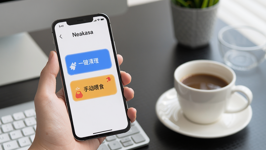 һ��չʾNeakasa AppԶ�̿��ƹ��ܵĳ���ͼ��������һֻ�������ֻ����ֻ���Ļ����ʾ�š�һ���������͡��ֶ�ιʳ���İ�ť�������ǰ칫�����棬�Ա���һ�����ȣ���������ɫ��������ϸ�����������ʸɾ����޶���Ԫ��
