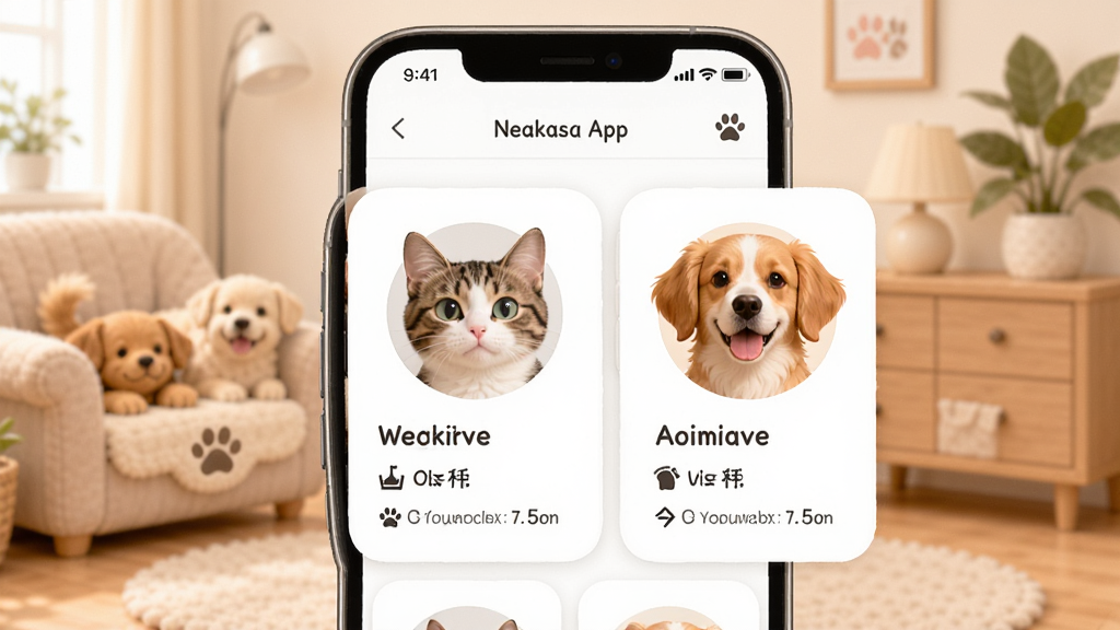 һ��չʾNeakasa App����ﵵ�������ʾ��ͼ���ֻ���Ļ�ϲ�����ʾ����ֻè���һֻ������ͷ��Ƭ��ÿ�ſ�Ƭ�������֡����غͽ�����޴�������������ܰ�ĳ����ͥ���������ɰ���ܰ��ɫ����ͣ�ϸ�����������ʸɾ����޶���Ԫ��