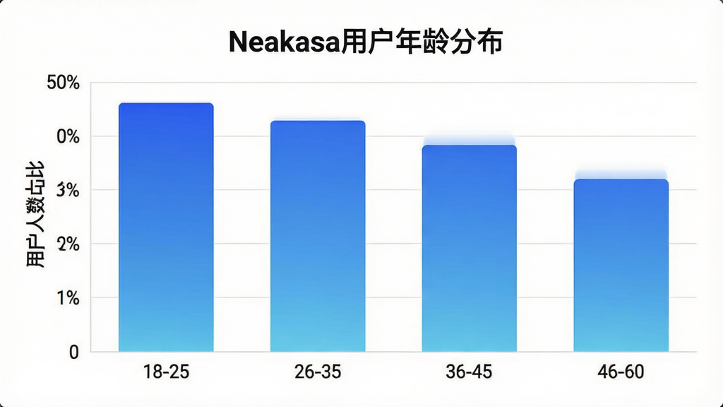 һ��չʾNeakasa App�û�����ֲ���״ͼ��ͼƬ�������������18-25��26-35��36-45��46-60���������û�����ռ�ȣ�������ɫΪ�������ɫ��ͼ������Ϊ��Neakasa�û�����ֲ���������Ϊ���İ�ɫ��������ݿ��ӻ���ϸ�����������ʸɾ����޶���Ԫ��