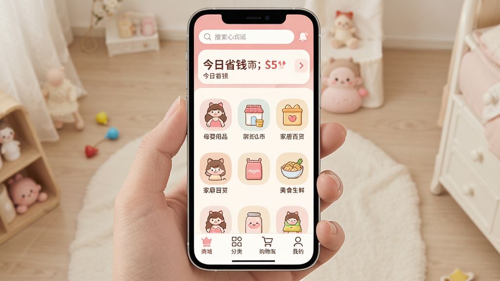 ��ѡ����Ӧ��������ȫòչʾ���ֻ���Ļ���棬������ʾ�������ͽ���ʡǮ���м���ĸӤ��Ʒ���ҾӰٻ�����ʳ���ʵȷ���ͼ�꣬�ײ����̳ǡ����ࡢ���ﳵ���ҵ��ĸ�ѡ�����������ܰ��Լ���Է�ɫ���װ�ɫΪ��ɫ����ͼ��Բ��ɰ�������ɾ����࣬�����������޶���Ԫ��