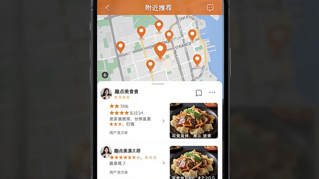 Ȥ����ʳApp�����Ƽ�ҳ�棬��ͼ�ϱ�ע�����ʳ�ص㣬�·��б�չʾ�û���ʵ���ۺ���ʳ��Ƭ��������������ɫ��ǵ���Ŀ�������������ʸɾ��޶���Ԫ��