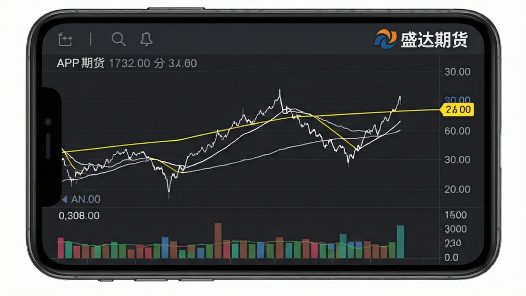 手机屏幕显示“盛达期货”APP的分时图界面,画面中有清晰的黄色均价线和白色价格线,下方有成交量柱状图,屏幕右上角有“盛达期货”的文字标识,背景为深灰色,界面布局工整,数据标签清晰,风格专业金融,画质干净,无多余元素