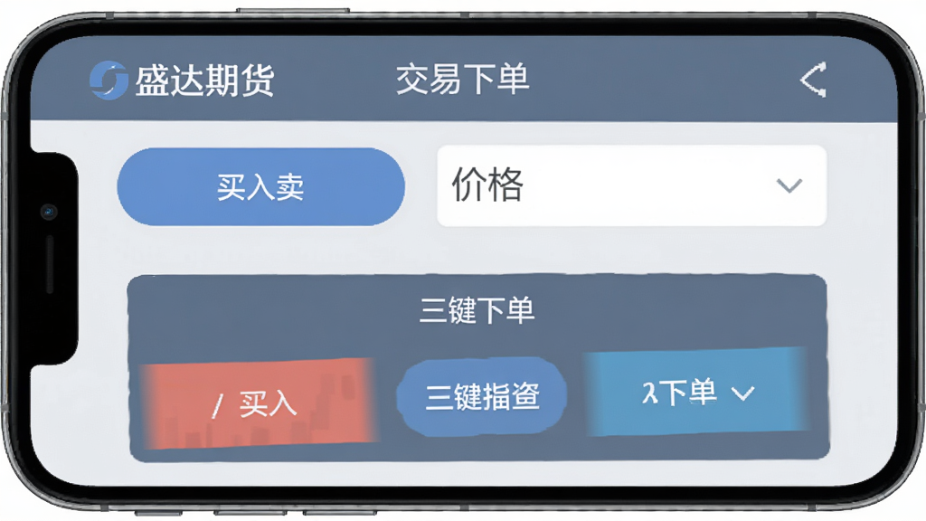 手机界面展示“盛达期货”APP的交易下单页面,画面中有买入/卖出按钮,价格输入框,以及“三键下单”的快捷操作区域,界面以蓝灰色调为主,按钮大而清晰,布局符合手指操作习惯,风格现代扁平,画质干净,无多余元素