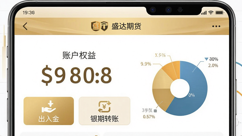 手机界面展示“盛达期货”APP的账户资金页面,画面中央有醒目的“账户权益”数字,下方有“出入金”和“银期转账”的按钮图标,旁边有饼状图显示持仓分布,界面以白色和金色为主色调,风格安全稳重,画质干净,无多余元素