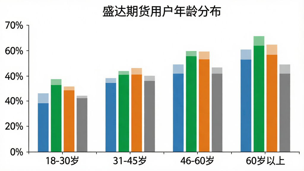 一张柱状图,横轴是“18-30岁”、“31-45岁”、“46-60岁”、“60岁以上”四个年龄段,纵轴是百分比,柱子颜色分别为蓝色、绿色、橙色、灰色,图表标题为“盛达期货用户年龄分布”,背景为白色,图表简洁清晰,风格数据可视化,画质干净,无多余元素