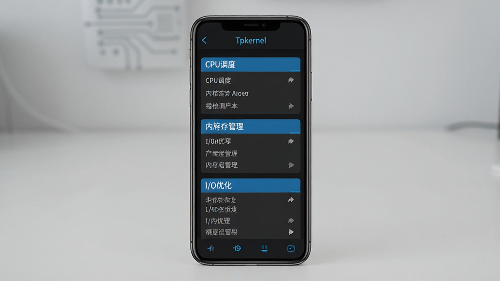 һ��չʾTpkernel������������ͼƬ�������������ֻ���Ļ����Ļ����ʾTpkernel�����������棬��ɫ����������ɫ�Ͱ�ɫ���֣�����չʾ�ں˲�������ѡ����CPU���ȡ��ڴ������I/O�Ż���ģ�飬�������޹�棬������Tpkernel������������Ƽ���ǿ���������������ʸɾ����޶���Ԫ��