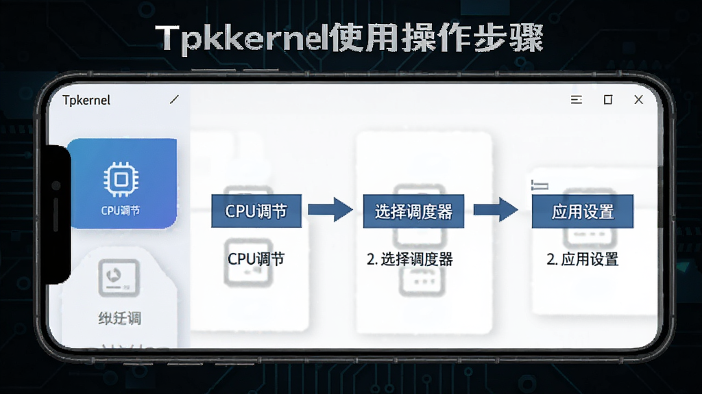 һ��չʾTpkernelʹ�ò��������ͼƬ���������ֻ���Ļ��ʾTpkernel�������棬��Ļ���м�ͷָ���û�������������CPU���ڡ�����ѡ����������ٵ���Ӧ�����á��Ĳ������̣�ÿһ���������ı�ע��������ɫ�Ƽ���񣬲������������ʸɾ����޶���Ԫ��