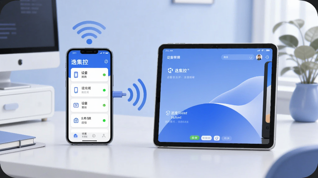 画面中央是一部智能手机和一台平板电脑通过无线信号连接,手机屏幕上显示着“逸集控”的界面,界面布局简洁,有设备列表和连接状态指示灯,背景是现代化的居家办公桌面,色调以蓝白为主,风格现代扁平,细节圆润,画质干净清晰,无多余元素