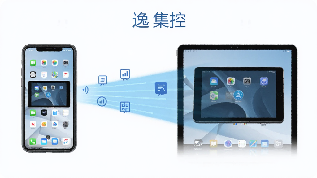 一张展示“逸集控”远程连接功能的示意图,画面左侧是一部手机,右侧是一台平板,中间用一道淡蓝色的光线连接,光线中流动着数据图标,手机屏幕上显示着平板的桌面画面,整体风格科技感简洁,色调蓝白,画质干净,无多余元素