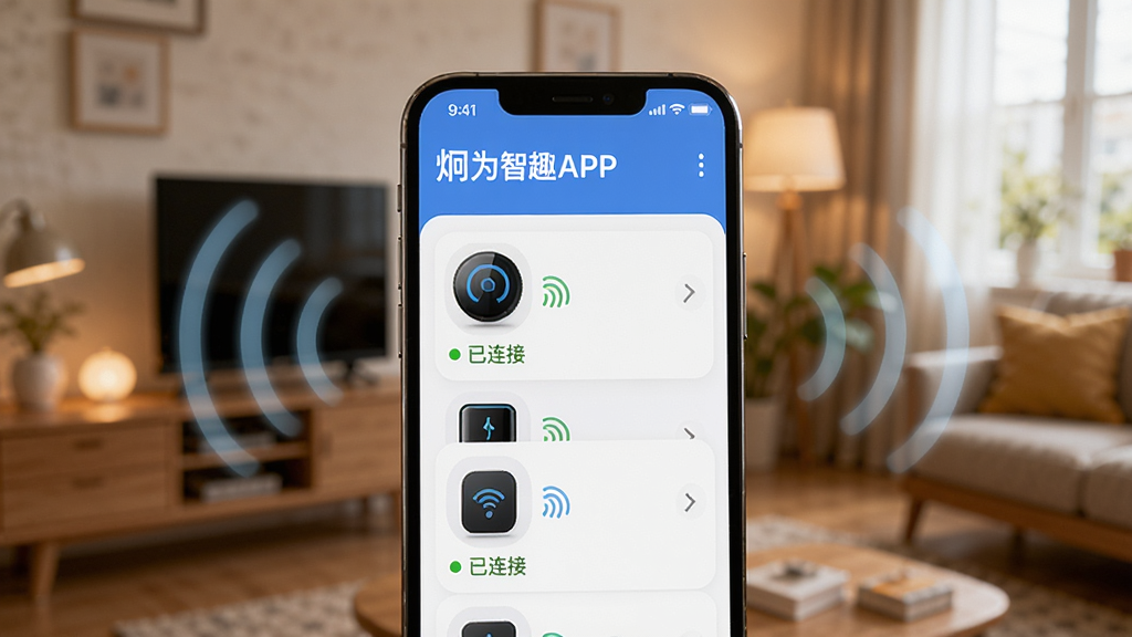 画面中一部手机屏幕显示炯为智趣APP的设备列表界面,几个智能设备图标整齐排列,旁边有绿色的“已连接”状态标识,手机周围有无线信号波纹扩散,背景是温馨的家居环境模糊虚化,风格写实,画质清晰,突出连接的稳定和便捷。