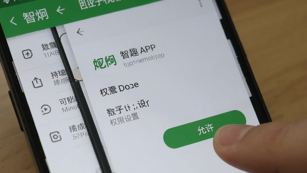 画面展示一部安卓手机屏幕上炯为智趣APP的权限设置页面,旁边有手指点击“允许”按钮的示意,背景是手机设置菜单的模糊界面,风格写实,画质清晰,突出权限授予的关键步骤。