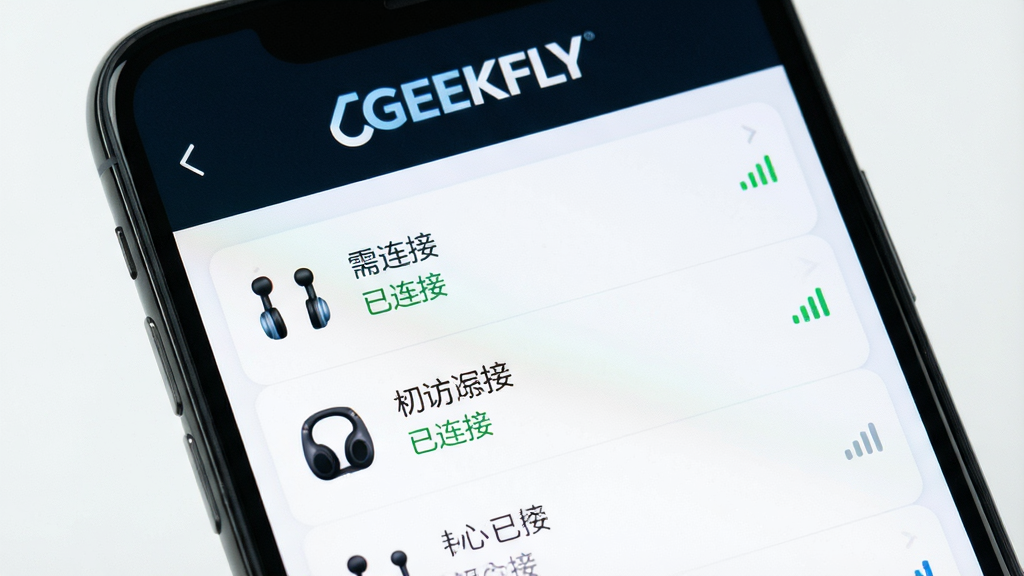 һ��GEEKFLY����������д������չʾ�ֻ���Ļ�ϵ������豸�б����б������С�GEEKFLY����־���·������Ŷ������Զ�����������������ź�ͼ�꣬����һ���豸�Ա���ʾ�������ӡ�״̬�������Ű������������Ƽ��У����ʸɾ��������޶���Ԫ�ء�