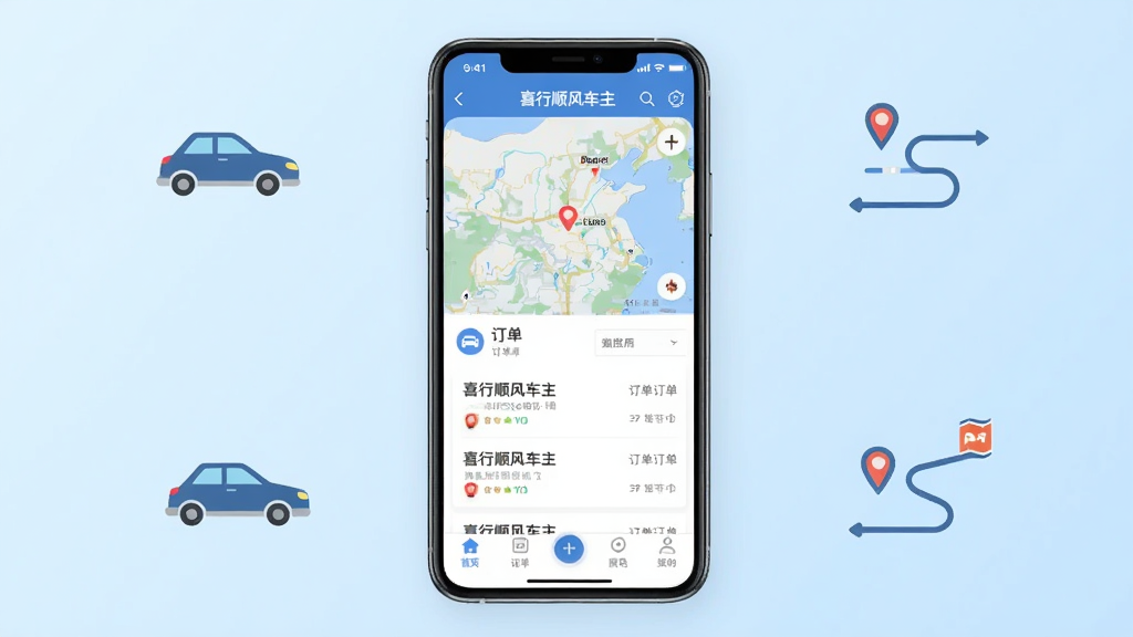 һ��չʾϲ��˳�糵��APP���Ľ�����ֻ�����ͼ�������������ֻ���Ļ����Ļ����ʾ��ϲ��˳�糵�����Ľӵ��������棬�е�ͼ�������б��͵ײ��������������Ǽ���ǳ��ɫ���䣬��Χ��������·��ͼ���׺������ִ���ƽ�����ʸɾ��������޶���Ԫ��