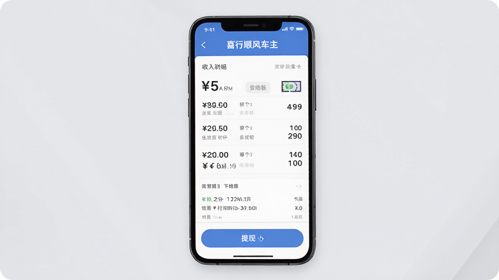 һ��չʾϲ��˳�糵��APPǮ������ҳ���ͼƬ���������ֻ���Ļ��ʾ������ϸ�б������ְ�ť��������ҷ��ź��˵�ͼ�꣬����Ϊ��͵�ǳ��ɫ�����ɾ����࣬�����������޶���Ԫ��