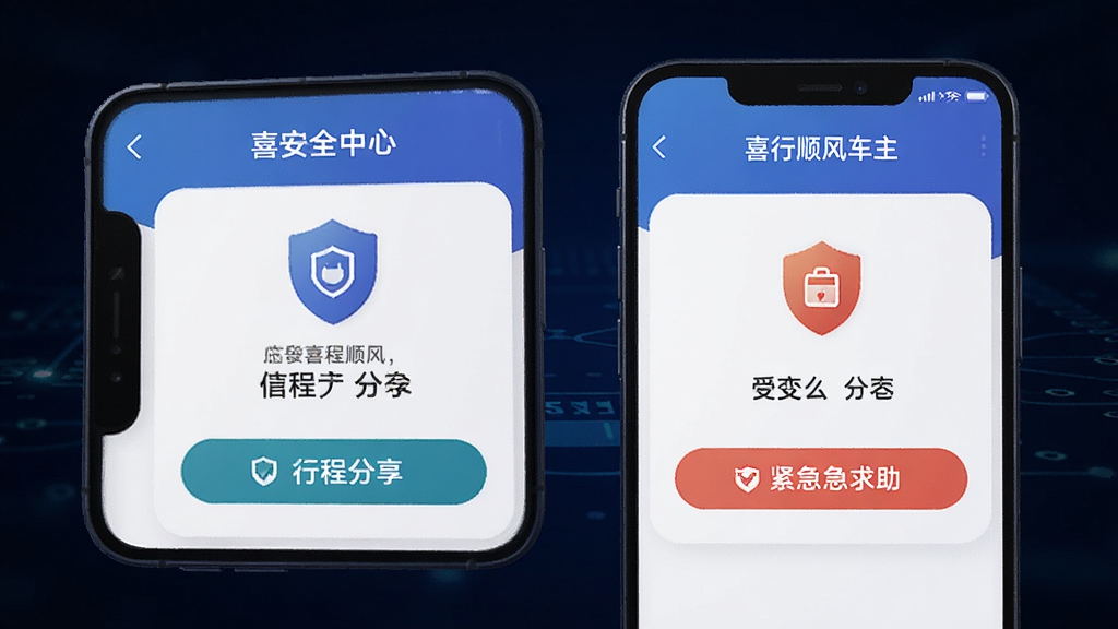 һ��չʾϲ��˳�糵��APP��ȫ���Ľ����ͼƬ���������ֻ���Ļ��ʾ�г̷����ͽ���������ť���ж��ƺͰ�ȫͼ�꣬����Ϊ����ɫ�Ƽ��з�񣬻����������޶���Ԫ��
