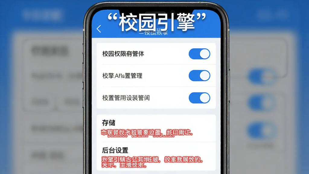 У԰���氲װ���ý��棬��������Ϊ�ֻ���Ļ��ʾӦ��Ȩ�޹���ҳ�棬��Ļ�Ϸ������ű�ע��У԰���桱������Ϊ���½ṹ���ϰ벿��ΪȨ�޿����б����°벿��Ϊ�洢�ͺ�̨����ѡ��Ű�Ϊ�̳̲���ͼ��񣬷��Ϊ��ƽ���Ƽ��У�ϸ���Ͽ��ذ�ť����ɫ��������Ҫ��ʾ�ú�ɫ��ע�����ʸɾ����޶���Ԫ�ء�